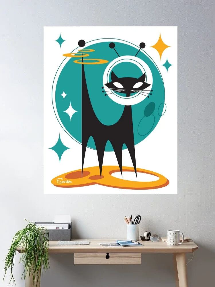 Art Scooter Atomic Space Cat Canvas POSTER ,Home Decor Wall art painting