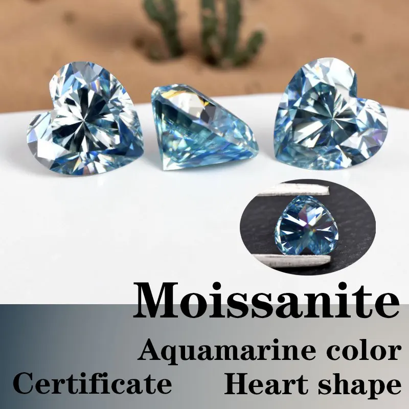 

Moissanite Heart Cut VVS1 Synthetic Gemstone Aquamarine Color with Certificate High Quality