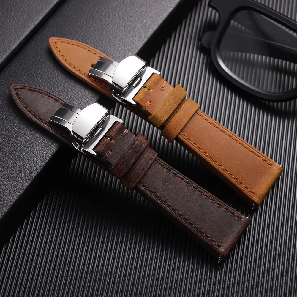 18/19/20/21/22/24mm Vintage Leather Watch Bands for Seiko Butterfly Buckle Stitching Cowhide Strap for Omega Soft Wrist Bracelet