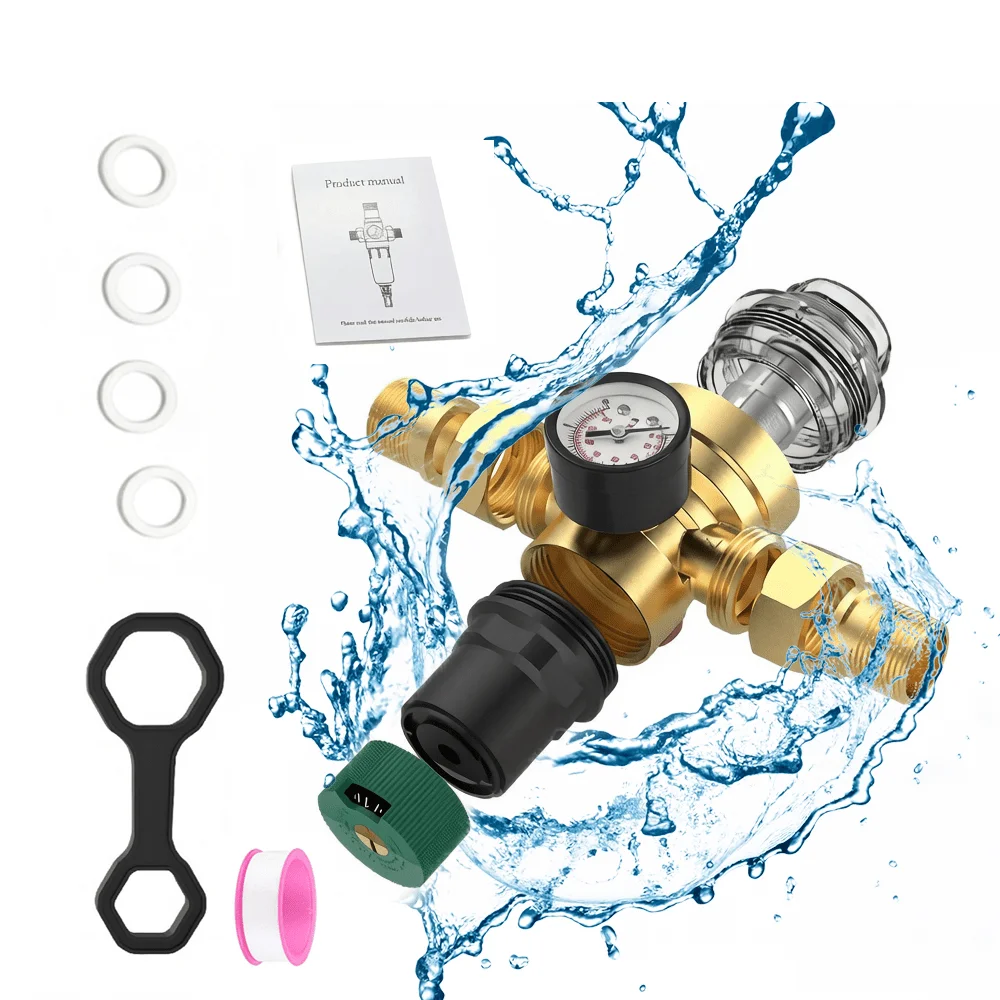 1 Set Valvola di Riduzione della Pressione dell'Acqua in Ottone 3/4" DN20, Regolatore di Pressione con Manometro e Filtro per Tubazioni Domestiche