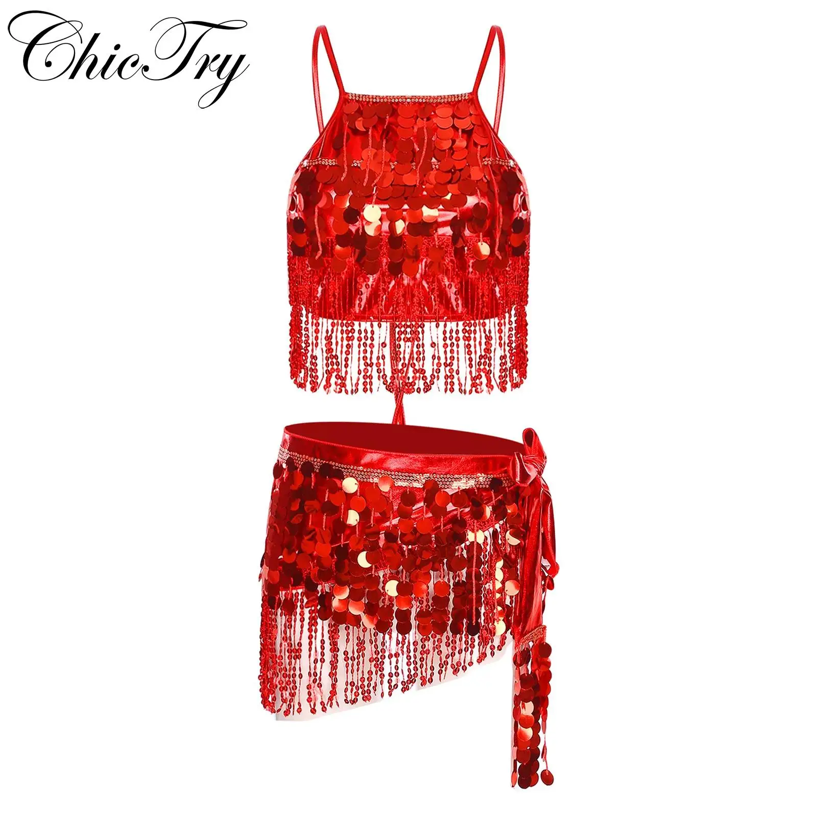 

Womens Belly Dance Sets Dance Performance Shiny Sequin Tassel Fringe Crop Top with Hip Scarf Waist Chain Skirt Stage Costume