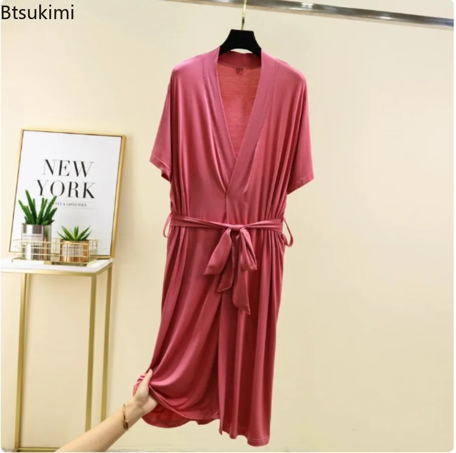 Soft Modal Robes for Women Summer Thin Short Sleeve Loose Bathrobes Solid Lace Up Nightgown Home Service Hotel Bath Robes Women