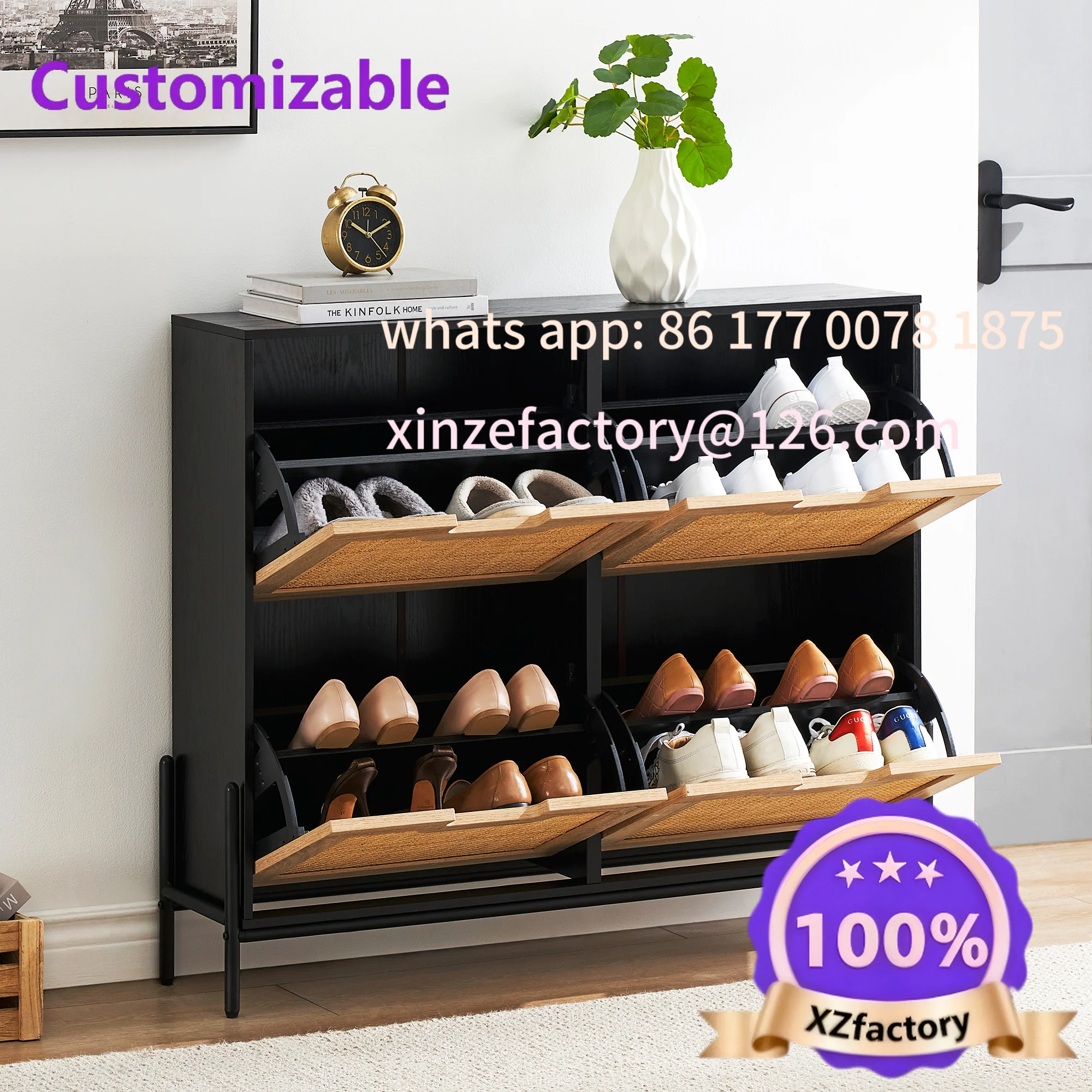 Customizable Rattan Shoe Storage Cabinet, Entryway Shoes Cabinet with 4 Flip Doors, Freestanding Shoe Rack with 3 Position