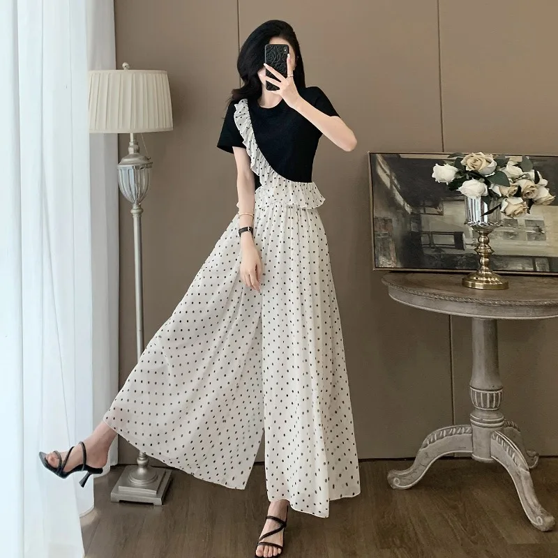 

Women Korean Graceful Slim Black Ruffle T-Shirt Dot Skirt Pants Two Piece Suit Lady Fashion Joker Short Sleeve Top Trousers Sets