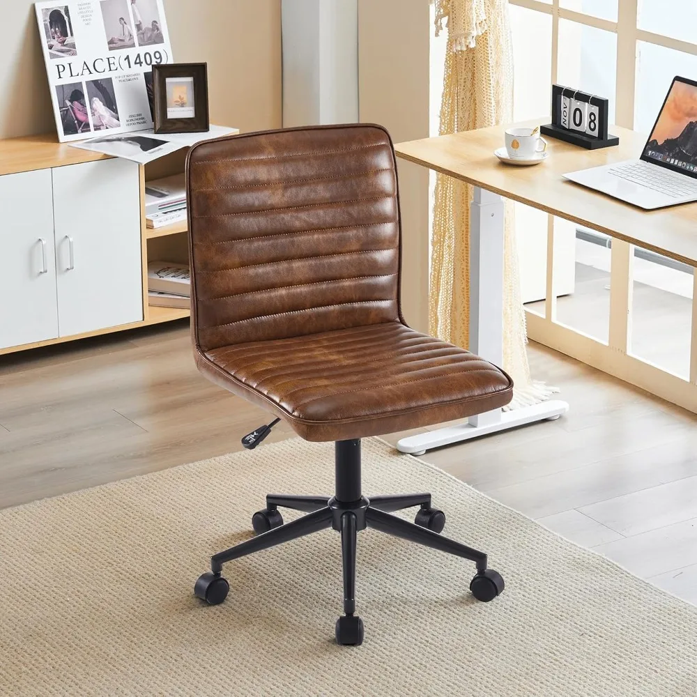 Armless Office Desk Task Chair Faux Leather Upholstered Task Teen Desk Mid-Back 360° Swivel Adjustab