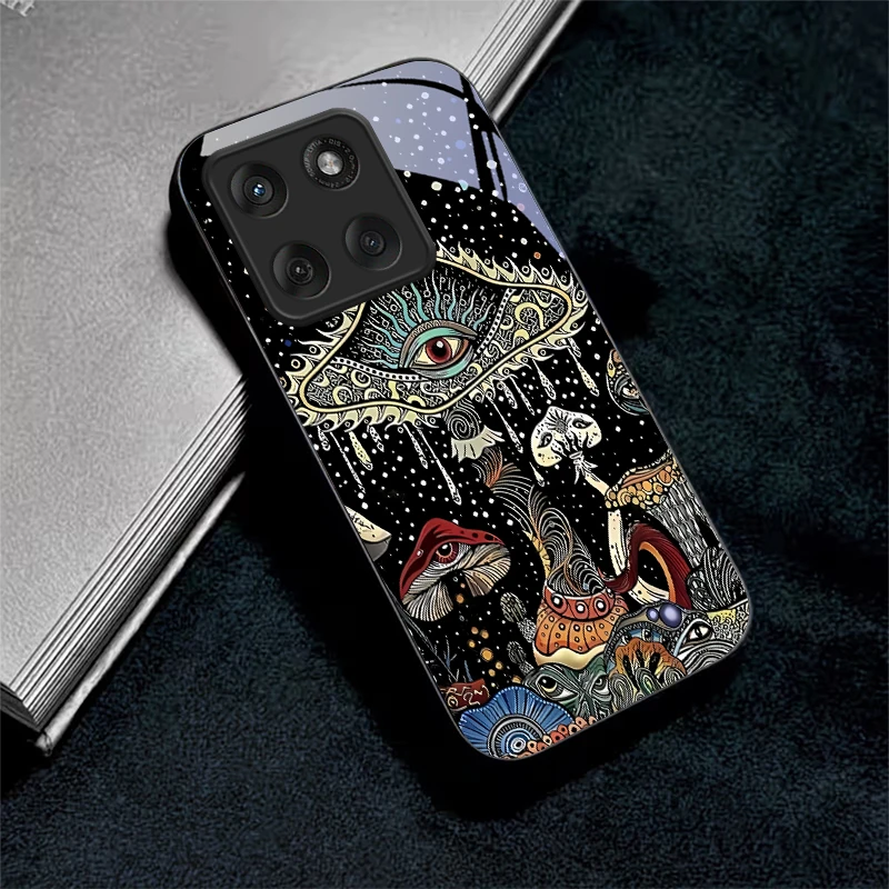 Magic Mushrooms Art Black Glass Phone Case For Motorola Moto Edge 70 60 Fusion 50 Ultra 40Neo 30 Pro 20Lite 60s 50Neo Back Cover