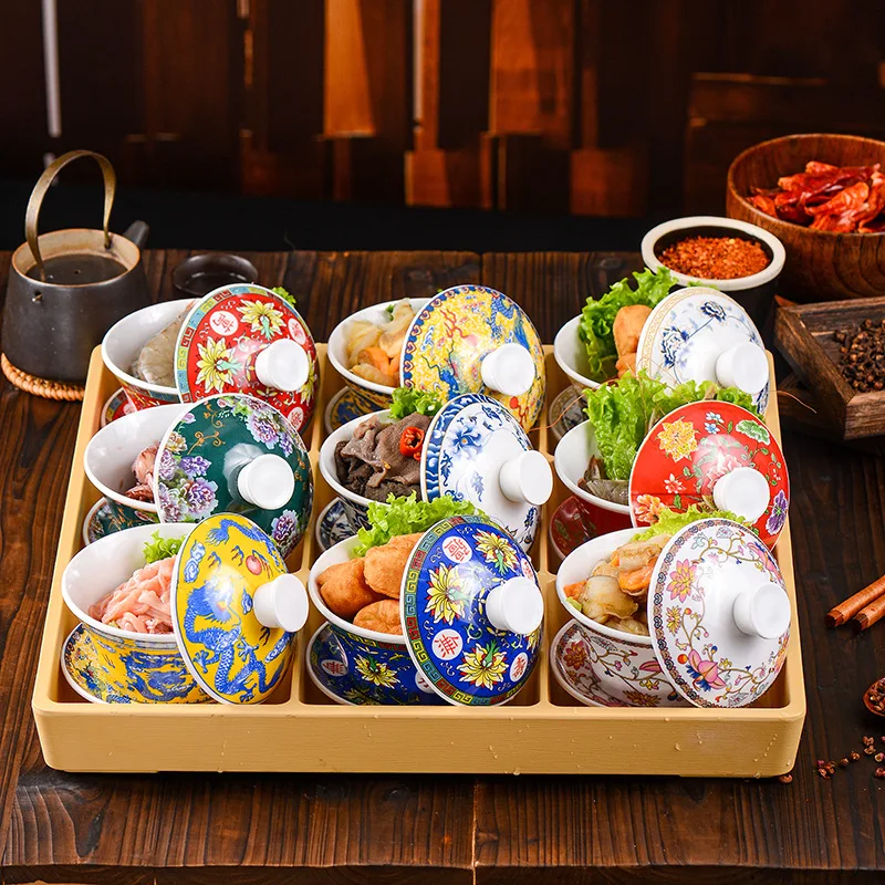 HYS new Jiugongge cover bowl tea characteristic market hot pot platter melamine creative retro barbecue tableware