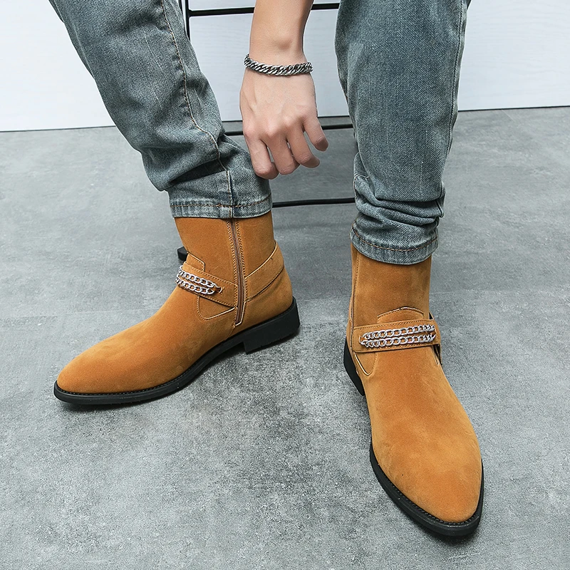 

Golden Sapling Punk Shoes Streetlish Chain Decoration Men Chelsea Boots Pointed Toe Flock Leather Male Botas Party Formal Shoe