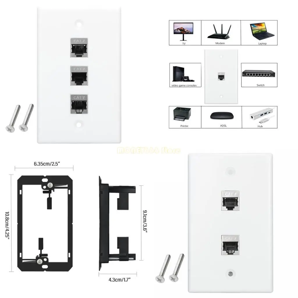 F62C Ethernet Wall Plate 1-6 Port Cat7 Keystones Couplers Female to Female Wall Outlet Solderless White Face Plate Panel