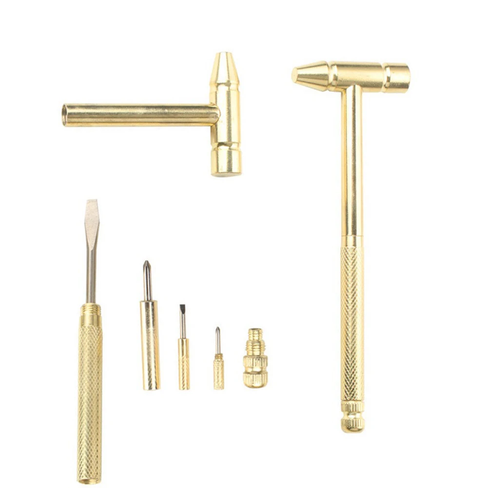 6 in 1 Mini Multifunction Brass Hammer with Slotted and Cross Screwdriver Bits for Watch Repair and Jewelry Work