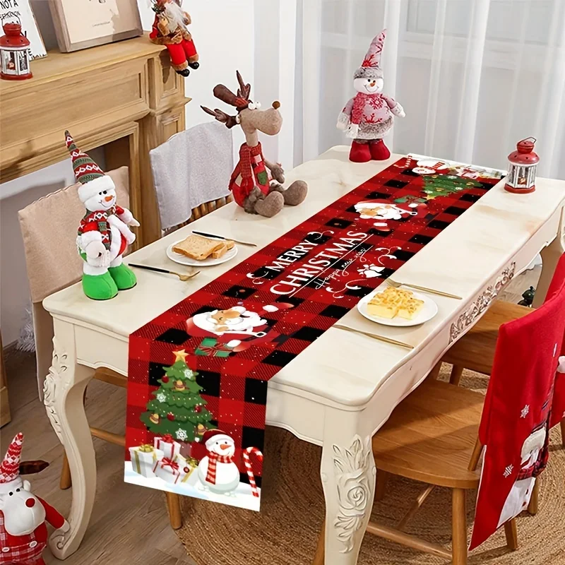 Christmas Table Runner, Buffalo Plaid Snowman Xmas Tree Print, Merry Christmas Text, Holiday Dining Decor & New Year Gift