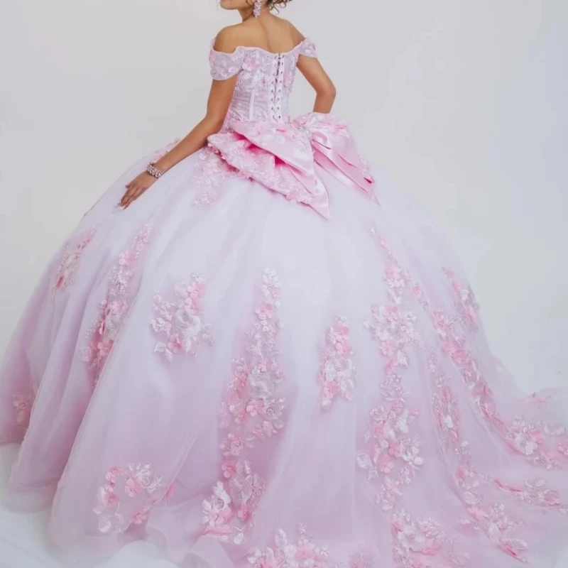 

Charming Light Pink Princess Girl Quinceanera Dresses 15 16 Year Flower Bow Puffy Tulle Prom Birthday Party Dress 14 Customized