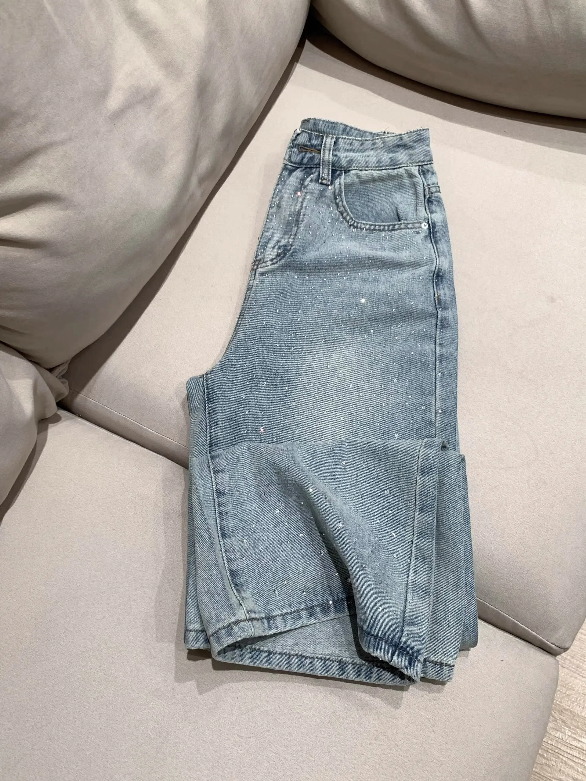 High Waist Straight Leg Glittering Rhinestone Loose Jeans Women's Spring New Light Color Slimming Narrow Version Wide Leg Pants