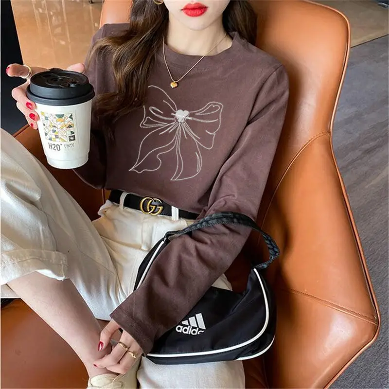 2024 Autumn Women\'s New Splicing Pullovers O-Neck Printed Fashion Loose Versatile Minimalist Comfortable Casual Long Sleeve Top