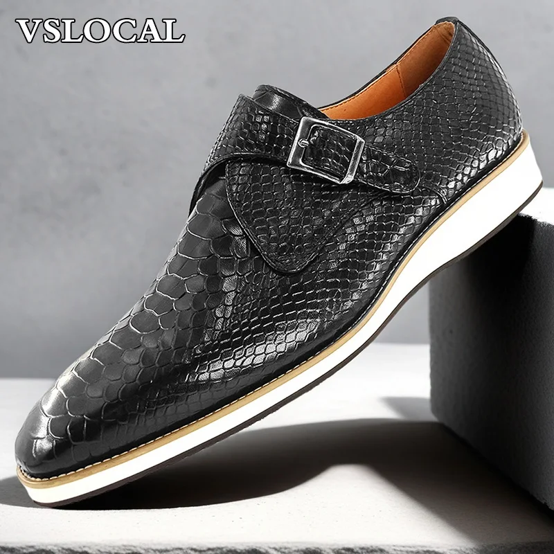 

Luxury Brand Men Leather Shoes Slip-On Black Snake Print Buckle Strap Casual Mens Dress Shoes Wedding Office Shoes Man