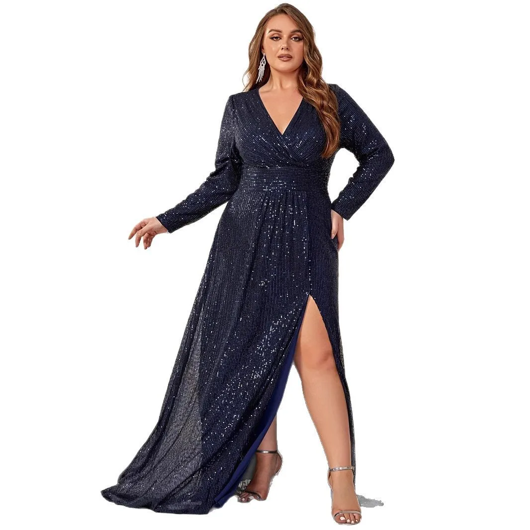 

Elegant V-neck Sequined Side Split Long Formal Evening Dress With Long Sleeves