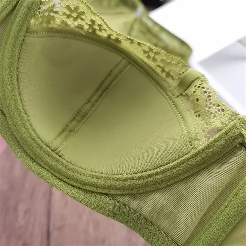 French Lace Embroidery Underwear Sexy Satin Thin Cup Push Up Bra Set Women Romantic Bralette Summer Green Breathable Lingerie