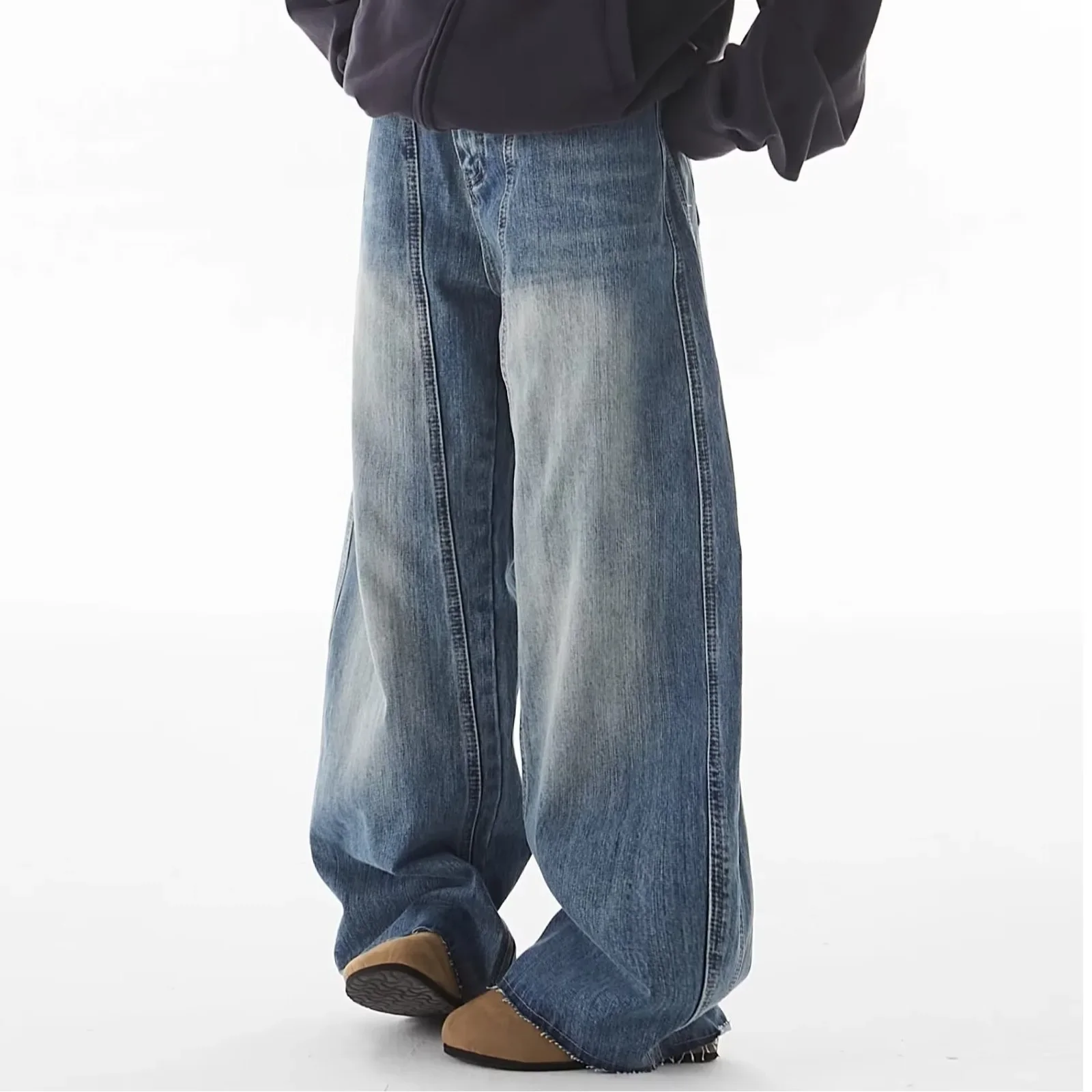 Men's New American-style Vintage Blue Wide-leg Jeans for Spring and Autumn, Slimming Straight-leg Casual Long Pants.