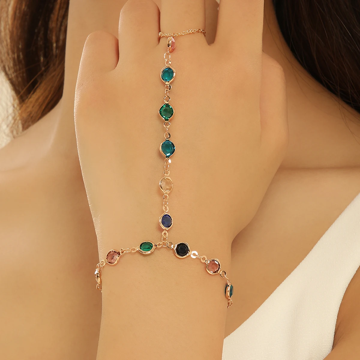 Kinitial Bohemia Colorful Zircon Link Chain Bracelet For Women Girls Fashion Finger Ring Bangle Jewelry Party Birthday Gift
