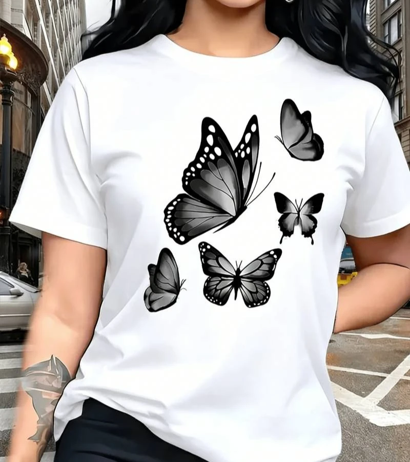 Butterfly Graphic T Shirt for Women Elegant Insect Print Short Sleeve Top Casual Daily Streetwear Fashion Party Dating Holiday