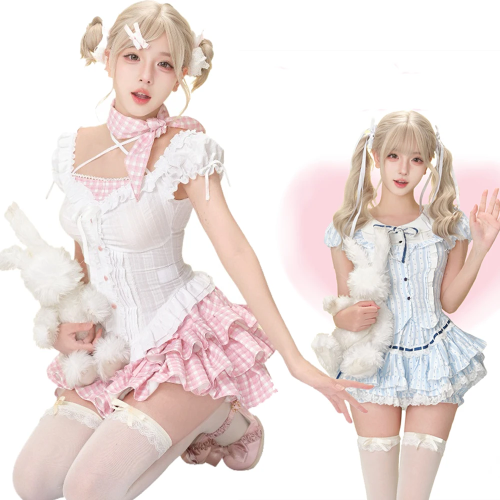 

2 Piece Set Women Casual Y2k Pink Cardaigan + Sexy Floral Print Slim Cute Mini Cake Skirt Chic Lolita Suits Summer Sweet Kawaii