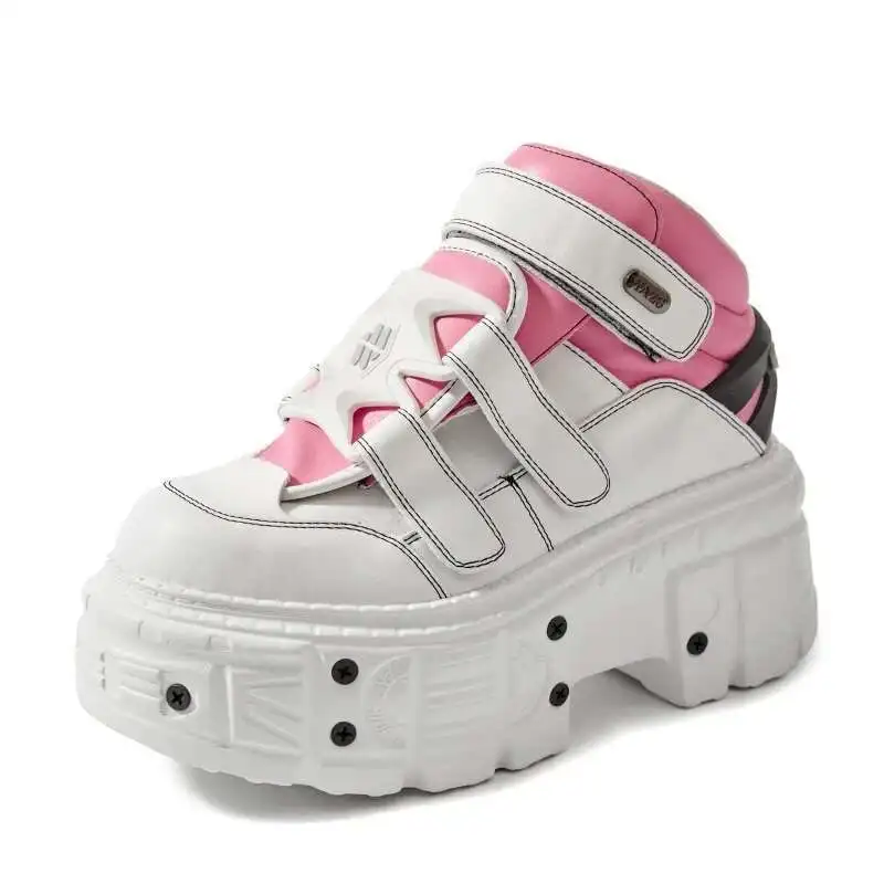 

New Rock Shoes Women Sneakers Height Increasing 7CM PU Leather Shoes Punk Platform Thick Sole Gothic Ankle Rock Boots Metal