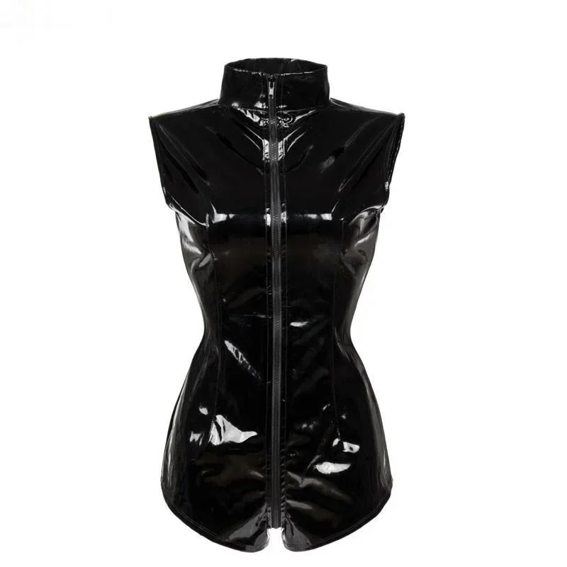 Women Black PVC Leather Bodysuits Shiny Bodycon Club Party Jumpsuit Zipper Open Crotch PVC Erotic Leotard Costumes