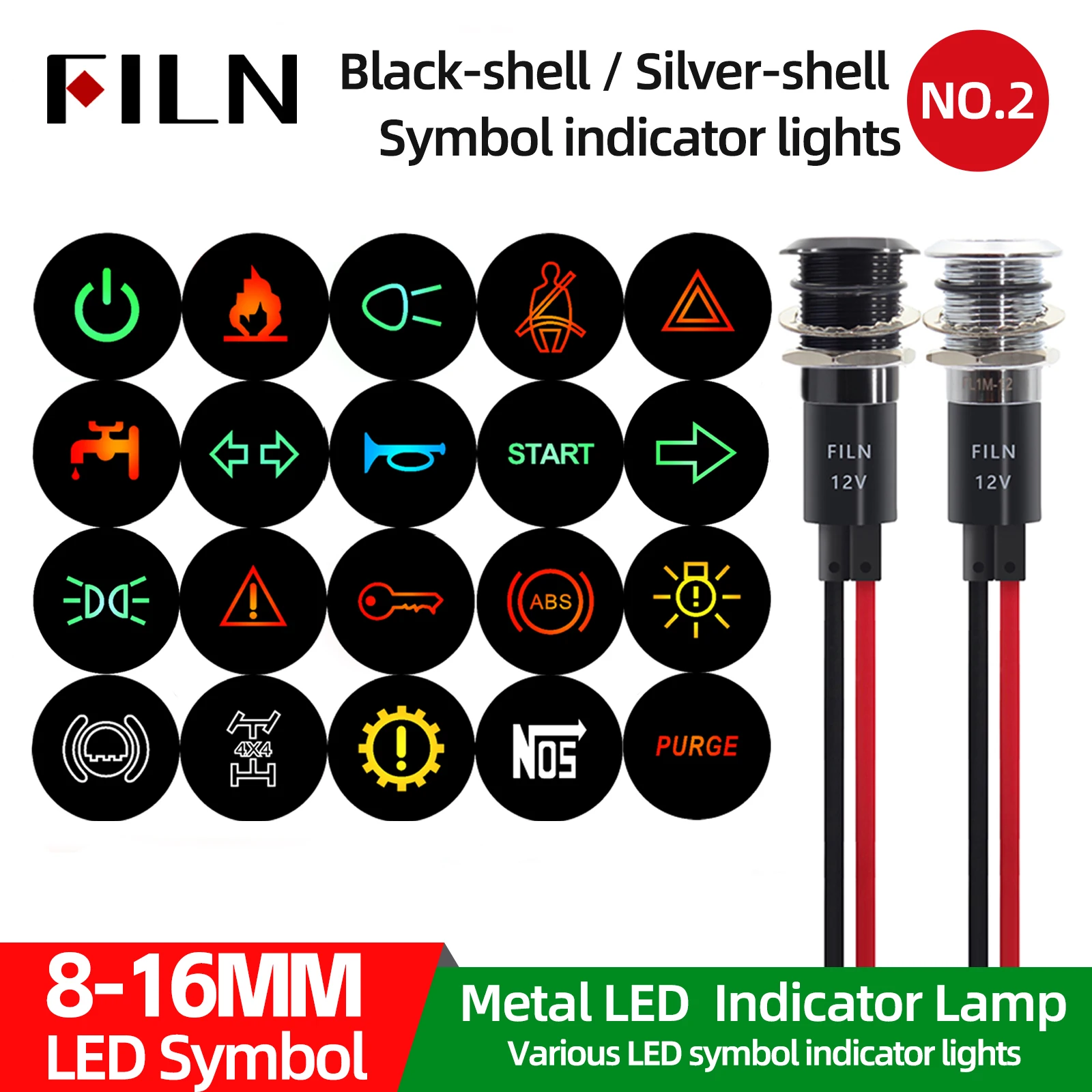 FILN 12V 24V Symbol Pilot Led Light Metal Indicator 8mm 10mm 12mm 14mm 16mm Car Dashboard Truck Dash Construction Marine