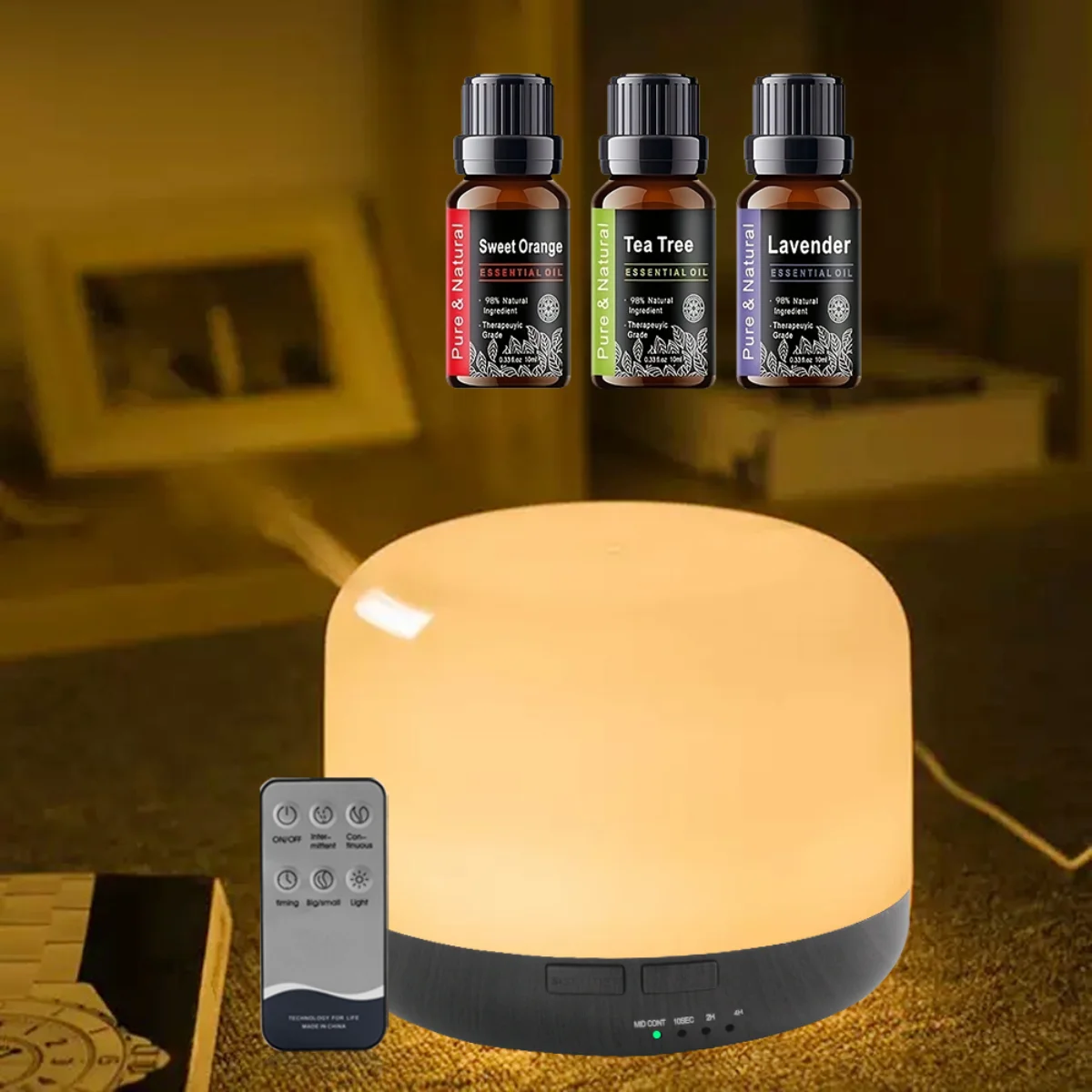 The Perfect Gift Difusor de aceites esenciales que cambia de 7 colores con control remoto, 500 ml, funcionamiento silencioso, completo con 3 Essentia relajante