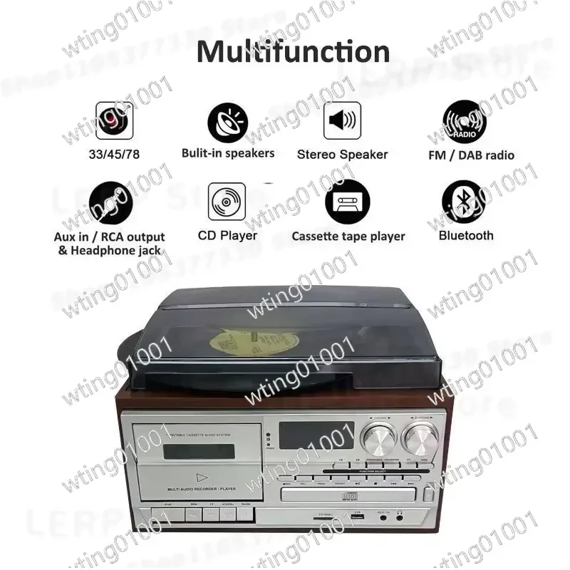 for Vintage Style Wooden Turntable with CD Cassette Player AM FM Radio USB Support All in One Home Audio System