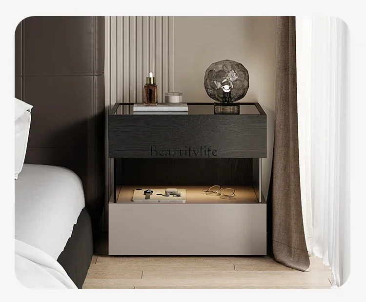 

FG10*Italian minimalist bedside table with lamp suspended solid wood light luxury high-end storage locker