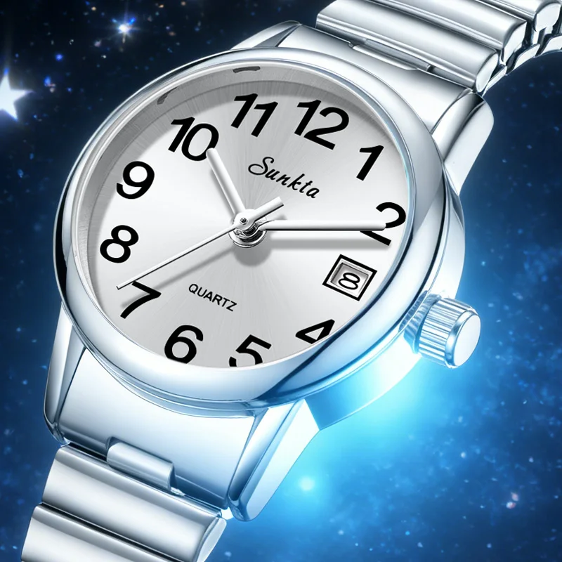 

SUNKTA Fashion Womens Watches Elegant Fashion Quartz Wristwatches Waterproof Silver Bracelet Woman Watch Ladies Festival Gift