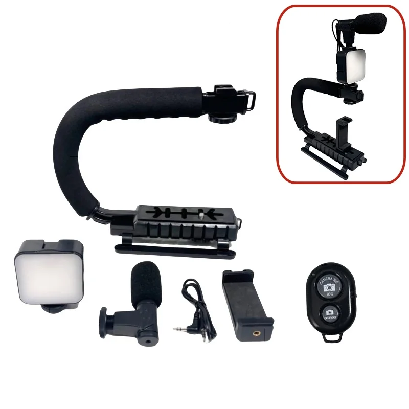 U C-förmiger Haltergriff, Video-Handstabilisator mit Fülllicht, Telefonhalter, Mikrofon, Fernbedienung für Spiegelreflexkameras, Heim-DV-Kameras