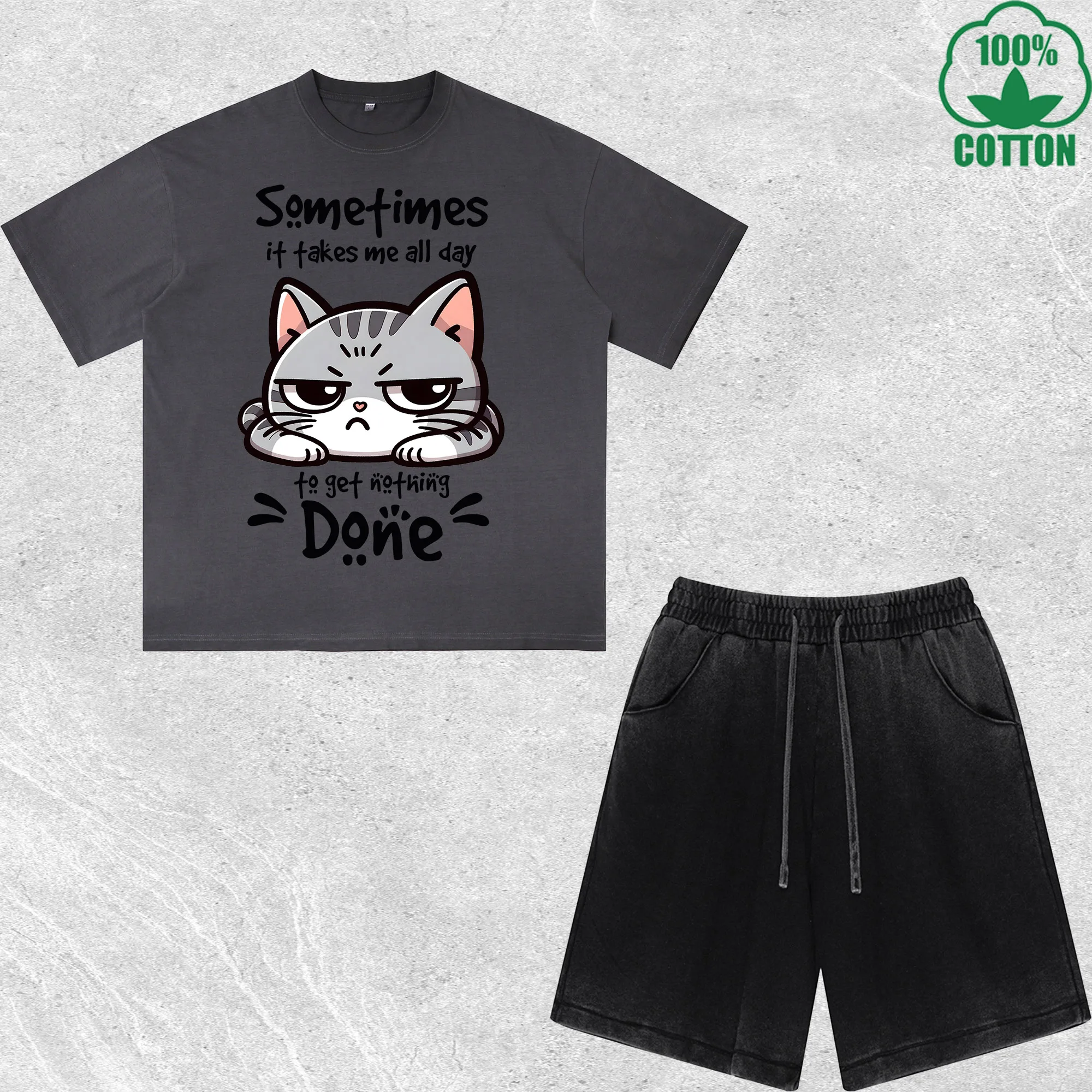 

Procrastination Cat Printed Dirty Wash T-Shirt Shorts Set Combo Loose Trendy Fashionable 100%Cotton Black Suit