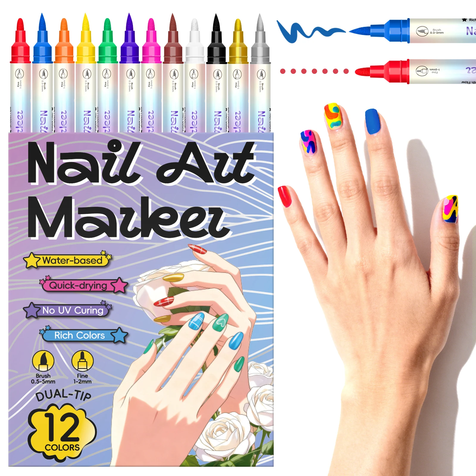 

12-Color Nail Art Markers, Water-Based, Quick-Drying, No Uv Curing Needed, Rich Colors, Dual-Tip Design, 12 Colors Nail Polish Pens for Drawing, Graffiti, Dotting, Line Drawing, Acrylic Paint Brush Set, Waterproof and Quick-Drying, Women's Gift