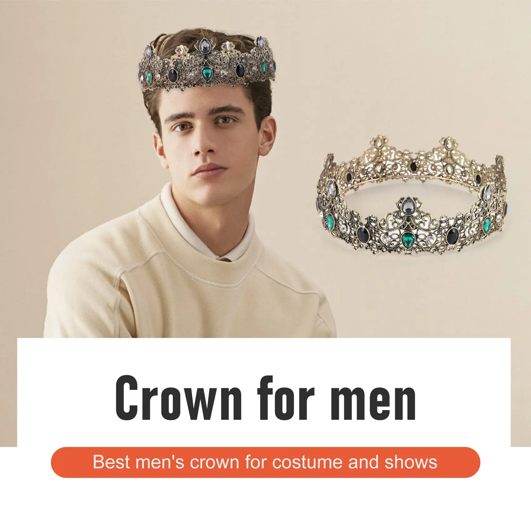 

N83R King Crowns For Men Metal, Vintage Full Royal King Crowns With Green Rhinestone, Men's Birthday Tiaras,Prom Party Crowns