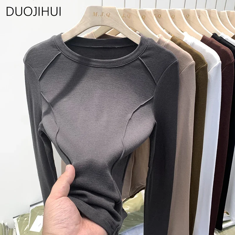 Duojihui-女性用長袖ラウンドネックTシャツ、シンプル、カジュアル、オフィスレディース、スウィートファッション、ピュアカラー、女性、冬、ベーシック、新