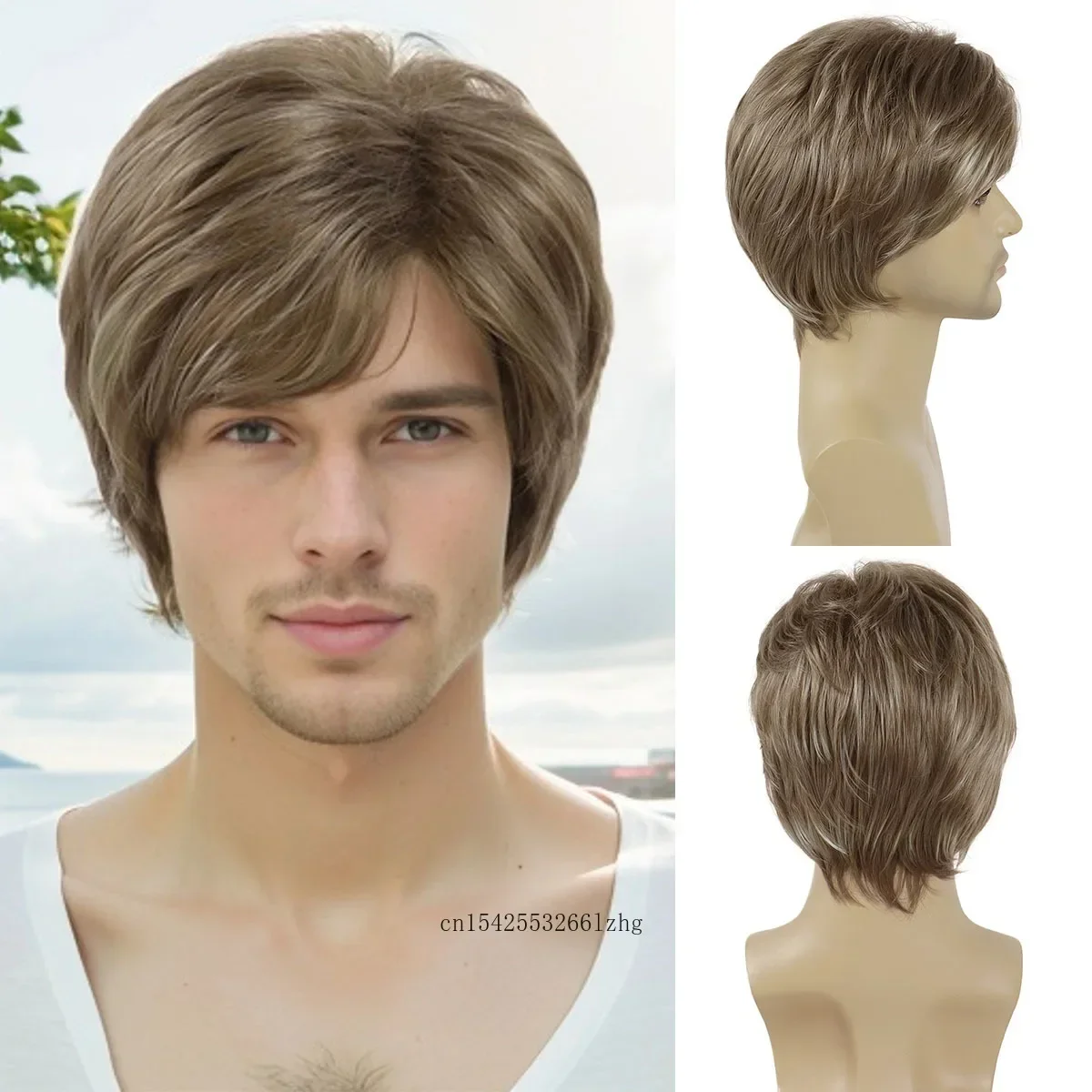 

Synthetic Hair Brown Short Wig for Men Natural Soft Straight Wig with Bangs Heat Resistant Daily Casual Cosplay Party Male Wigs