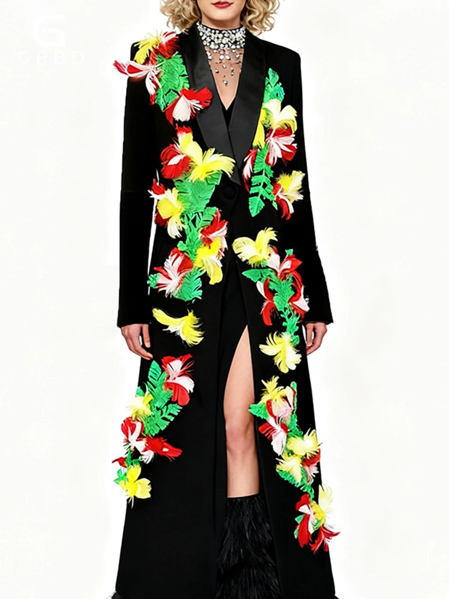 

Модные роскошные пиджаки со сращенными перьями для женщин, туника с длинными рукавами и лацканами, темпераментный длинный пиджак, женский новый