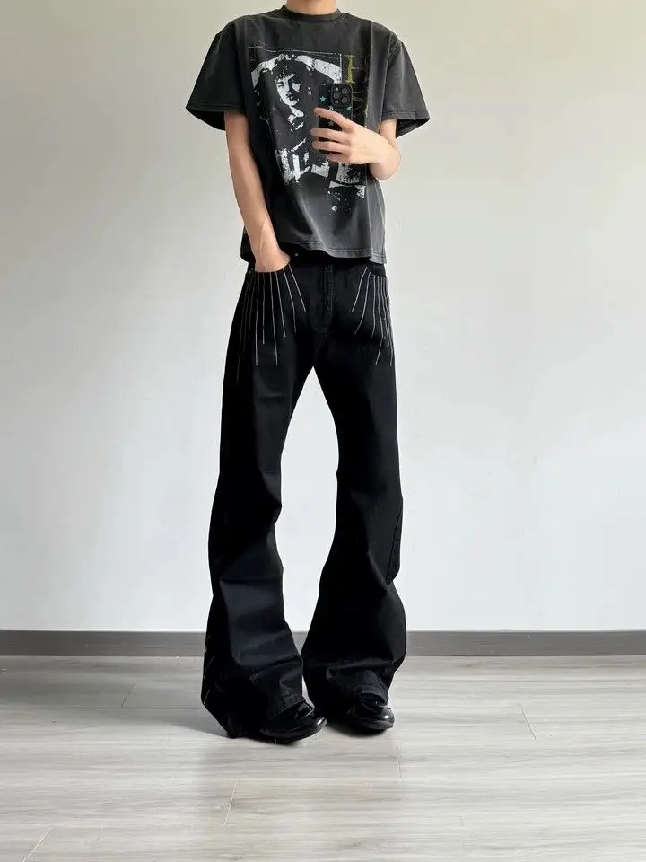 Men's Bright Line Punk Jeans Casual Pants Cool Boy Casual Bottom Wide Legs Unisex Sweatpants Male High Waist Denim Trousers