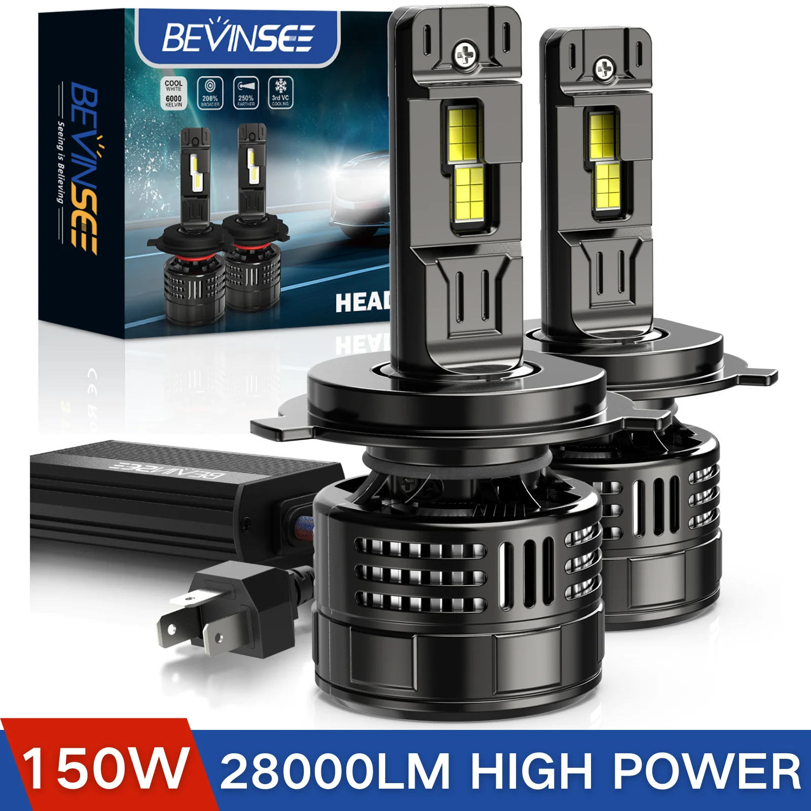 BEVINSEE H4 LED Headlight Bulbs Hi/Lo Beam 150W 28000LM CANbus Turbo H7 H11 9012 HIR2 9005 HB3 9006 HB4 Auto LED Lamps 6000K 12V