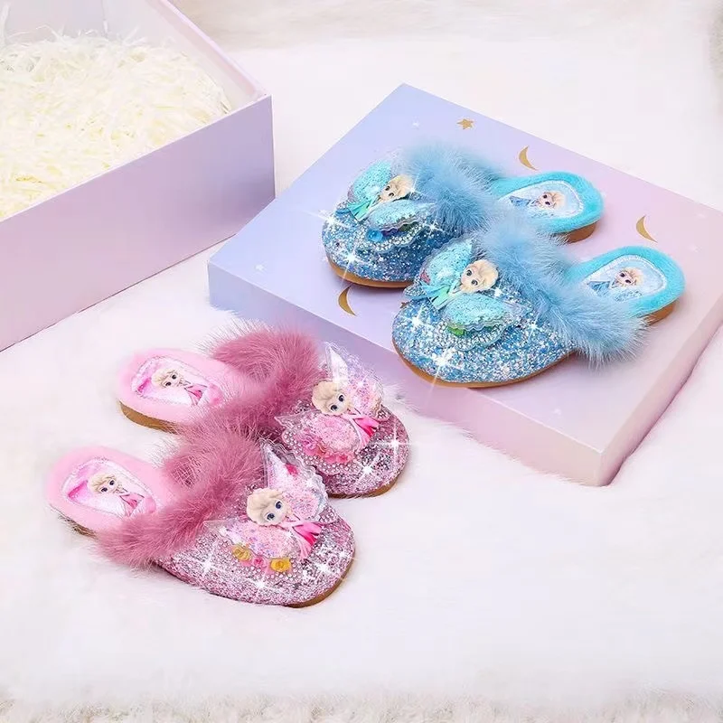 Disney Girls Cotton Slippers Princess Cartoon Frozen Elsa Print Children Lovely Soft Warm Flat Kids Indoor Home Bedroom Shoes