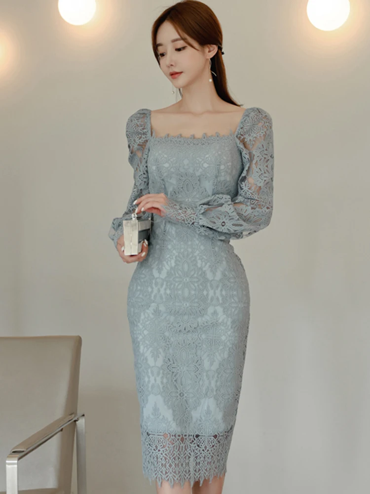 Elegant Party Dress Spring Korean Style Solid Sexy Lace Square Neck Puff Sleeve High Waist Tight Fit Career Office Lady Dress