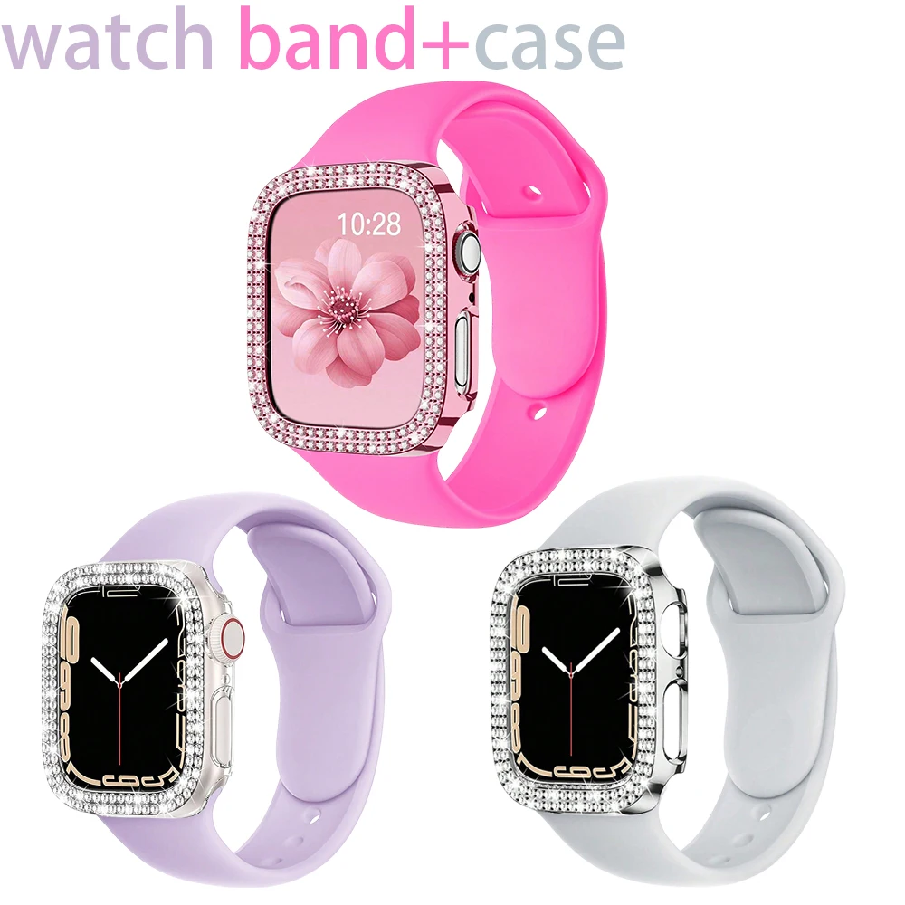 Armband + Diamantgehäuse für Apple Watch 40/41/44/45/42/46 mm, Sport-Silikonarmband + glänzendes, ausgehöhltes Gehäuse iWatch Serie 11 10 987 654 SE
