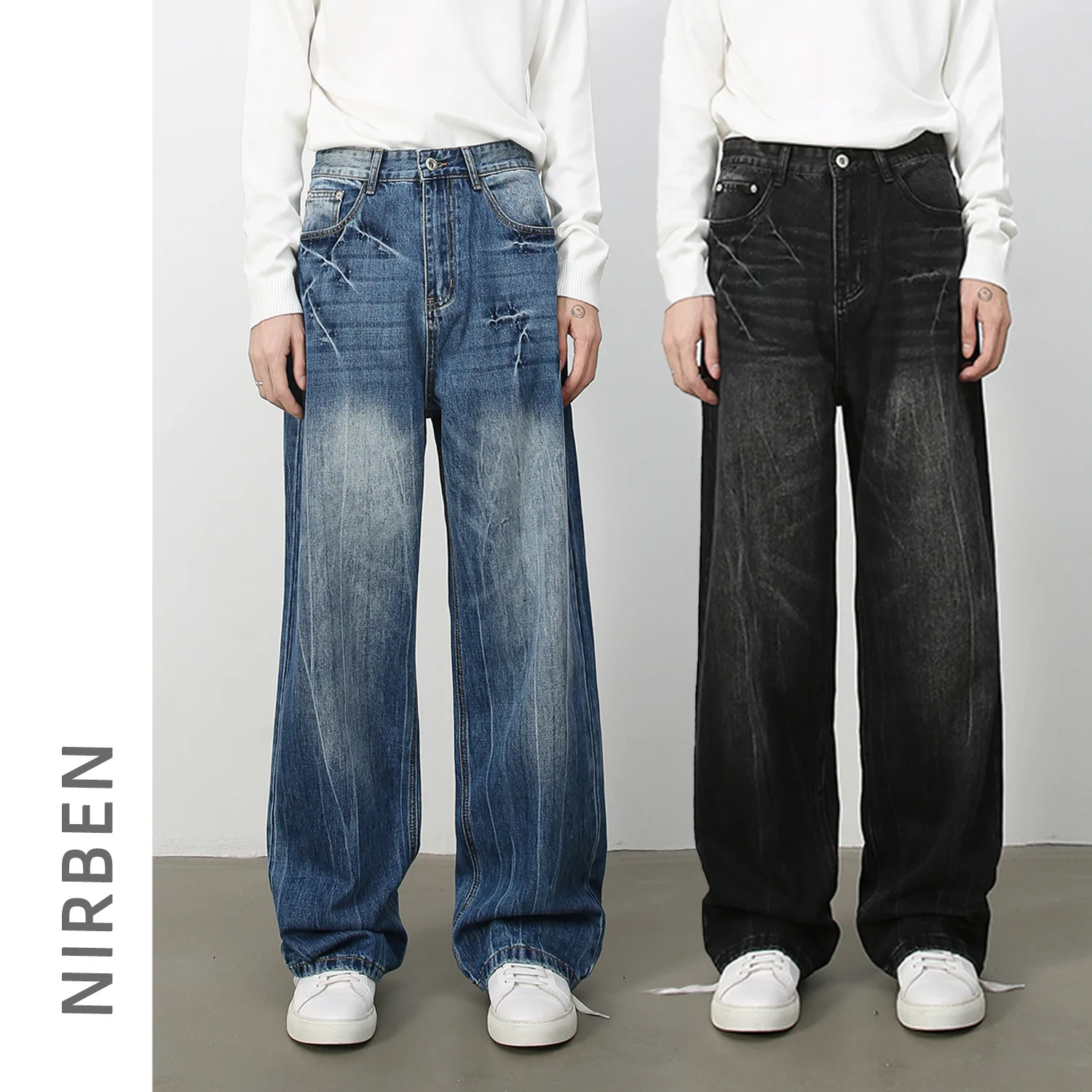 Denim American Jeans Men's Vintage Washed Lightning Crack High Street Loose Straight Wide Legs