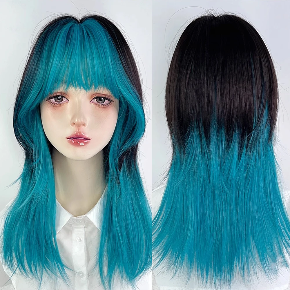 Synthetic Medium Long Women Fluffy Lolita Cosplay Wig for Daily Party Mullet Head Black Ombre Blue Layered Wigs with Bangs