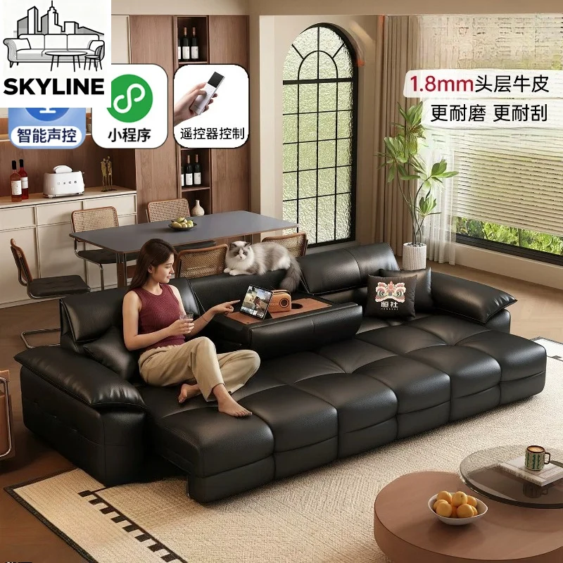 Simple and multi-functional electric leather sofa, reclining and sleeping retractable electric sofa in the living room