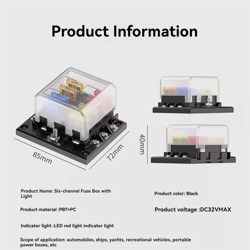 

B24B LED Indicator Light Equipped 6P 100A 6-Way Fuse Box One In Six Out RV Fuse Holder