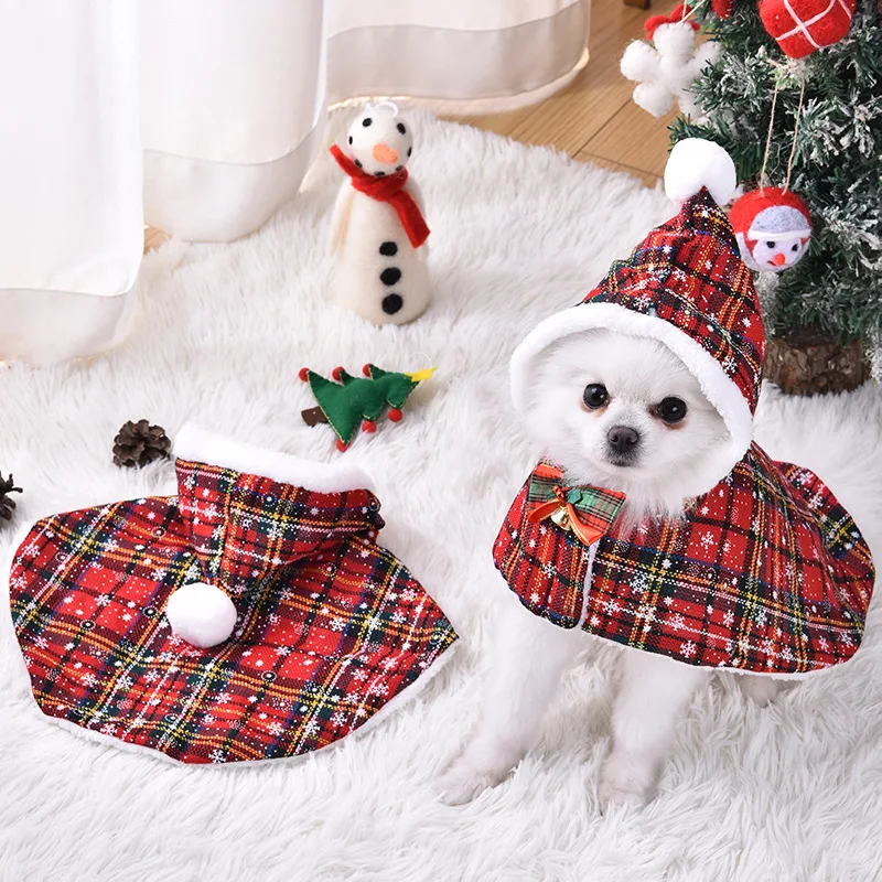 

Cat Christmas Checkered Hooded Cape, Dog Clothes, Teddy Small Dog Pet Supplies