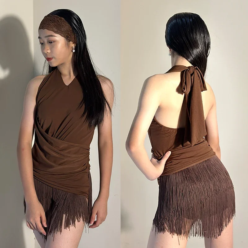 2026 New Sexy Latin Dance Dress Brown Fringe Sleeveless Practice Dress Adult Women Cha Cha Rumba Samba Dance Costume